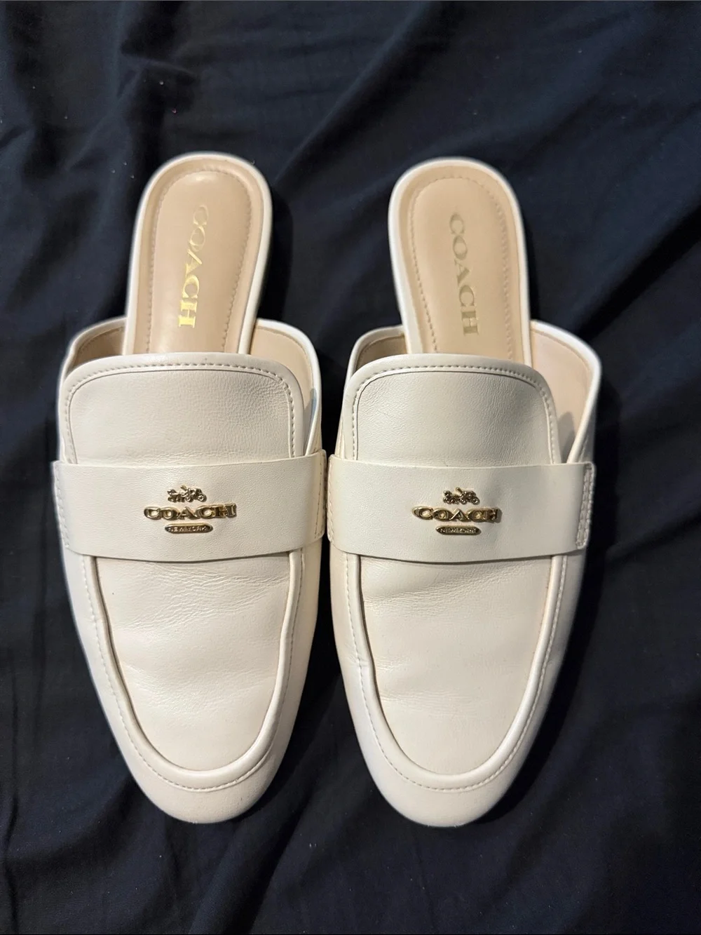 Coach Cream Leather Backless Loafers with Gold Logo